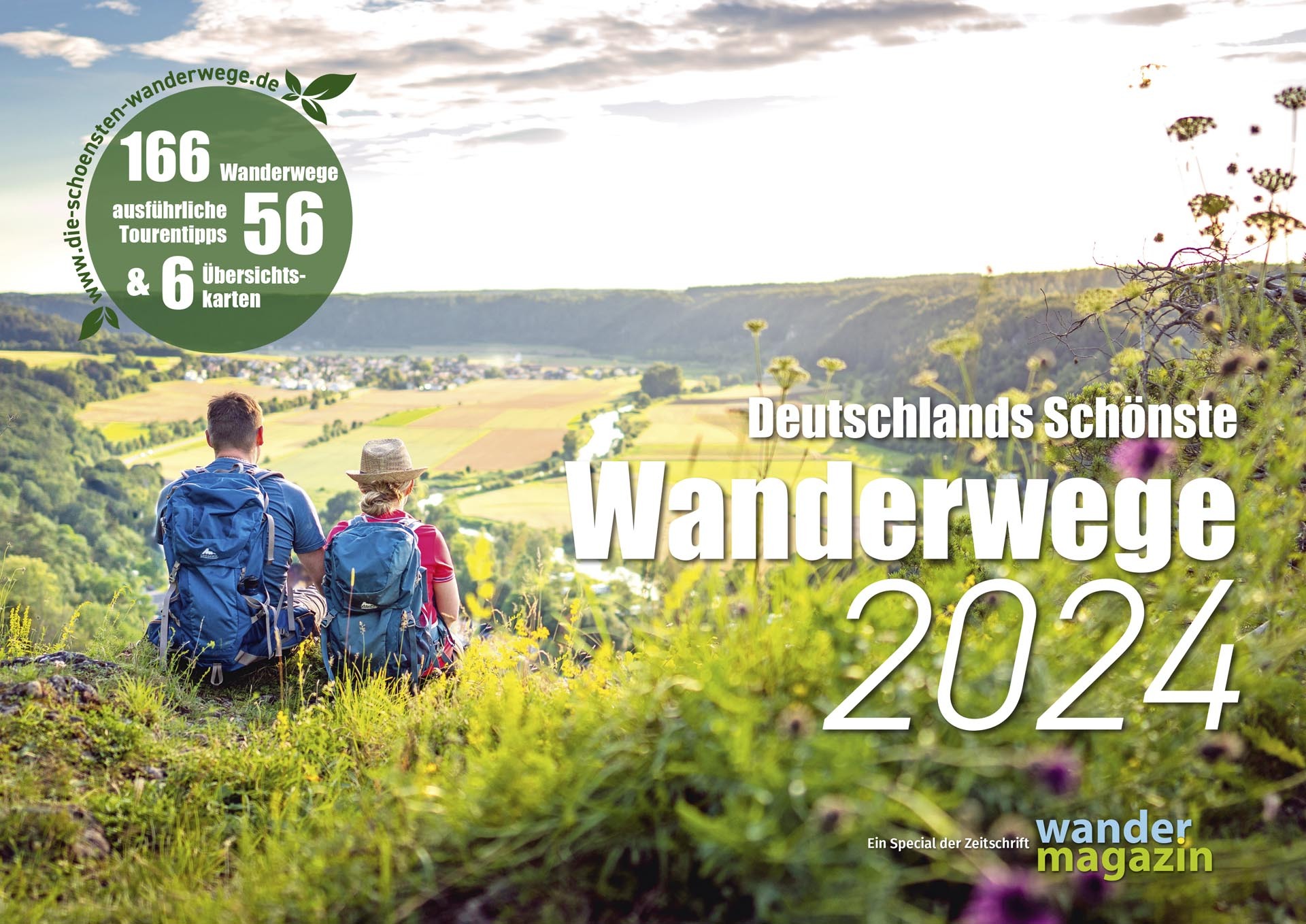 Spezialausgabe „Deutschlands Schönste Wanderwege 2024“. Im Vordergrund zwei Personen, die auf einem Hügel sitzen, mit Blick auf ein Tal und einen Fluss.