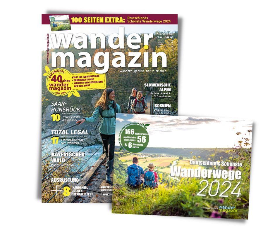 Komposition aus zwei Covern: „Wandermagazin“ und der Spezialausgabe „Deutschlands Schönste Wanderwege 2024“. Zu sehen sind Outdoor-Aktivitäten wie Wanderungen in malerischen Landschaften.
