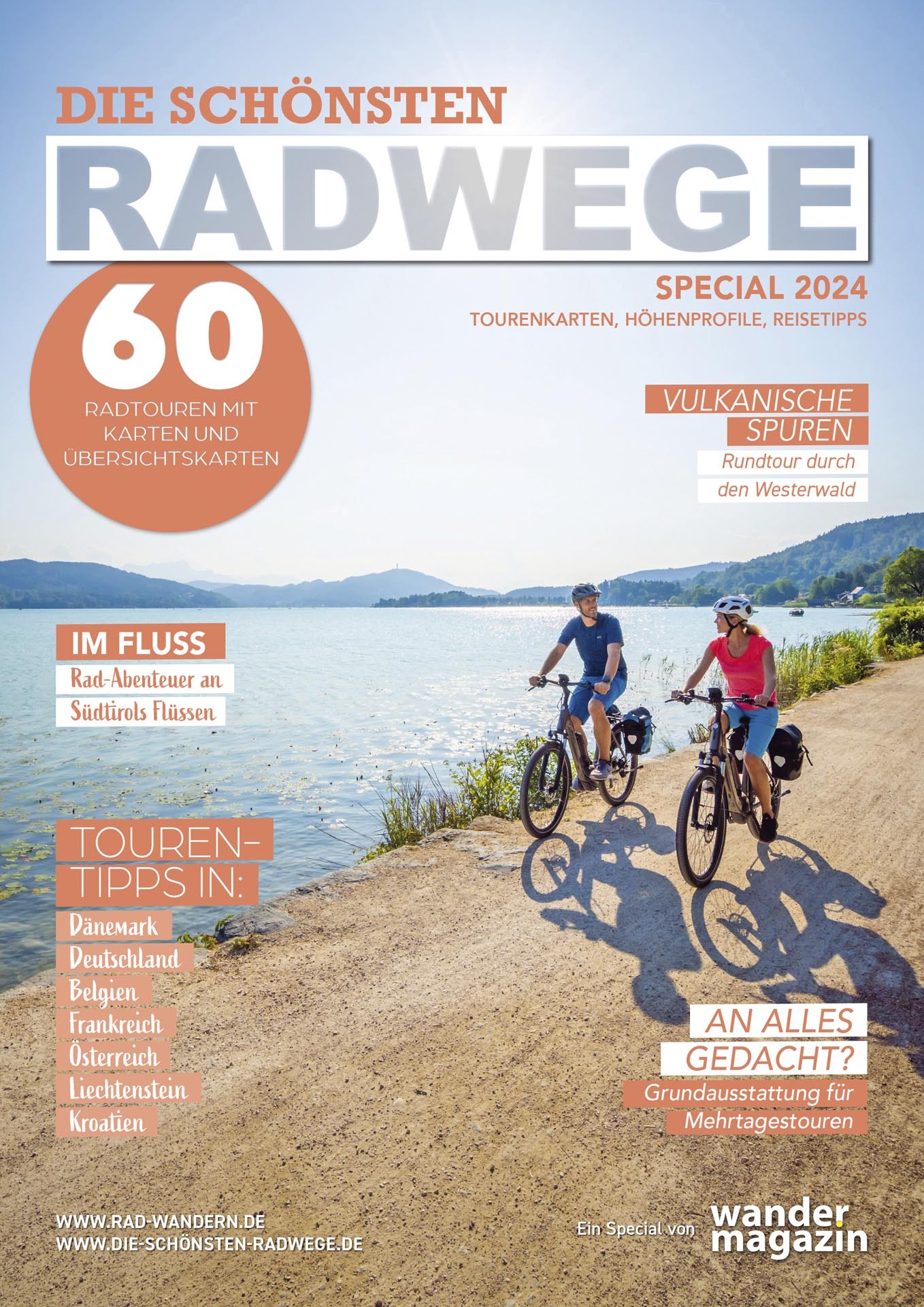 Spezialcover „Die Schönsten Radwege Special 2024“. Im Fokus ein Paar Radfahrer auf einem Pfad am See, mit Bergen und ruhigem Wasser im Hintergrund. Themen: 60 Radwege in verschiedenen Regionen.