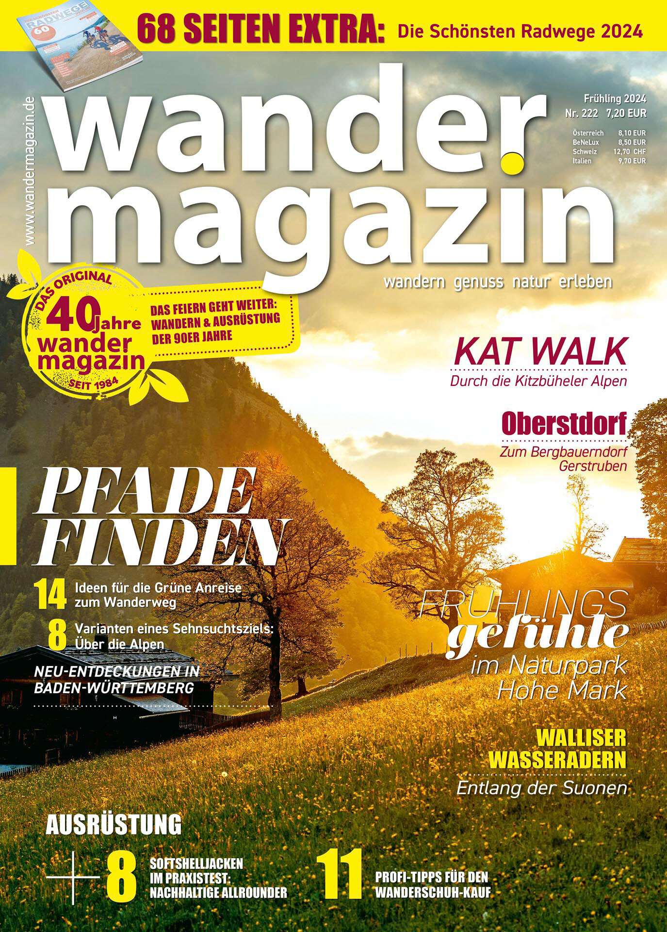 Frühlingscover des Magazins „Wandermagazin“ für 2024. Zu sehen sind grüne Wiesen und Bäume im warmen Licht der untergehenden Sonne. Themen: Wanderungen in Kitzbüheler Alpen, Hohe Mark, Oberstdorf.