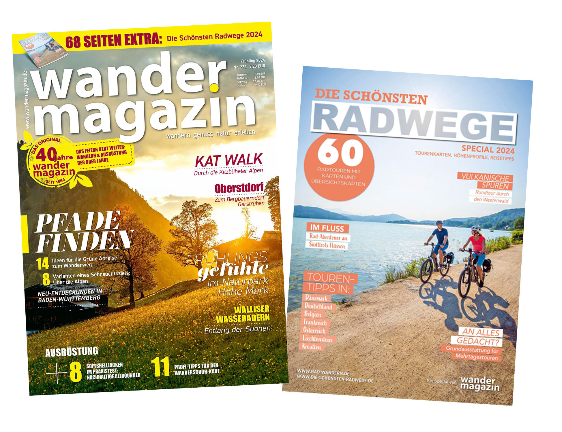 Zwei Cover: „Wandermagazin“ mit Frühlingslandschaft (Wiesen, Bäume, warmes Licht) und „Radwege Special 2024“ mit Radfahrern am See. Beide fördern Outdoor-Aktivitäten.