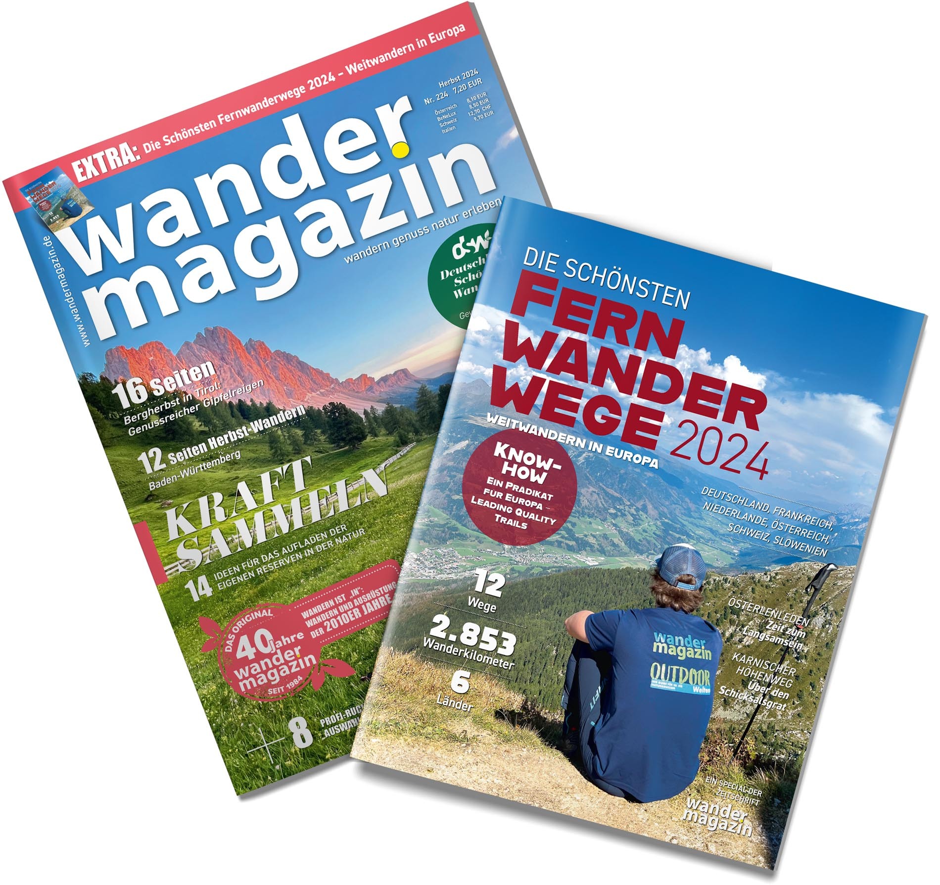 Zwei Cover im Vergleich: Im Vordergrund „Wandermagazin“ mit einer herbstlichen Landschaft (Berge, Wiesen, Bäume im warmen Licht). Im Hintergrund „Fernwanderwege 2024“ mit einem Wanderer auf einem Berggipfel.