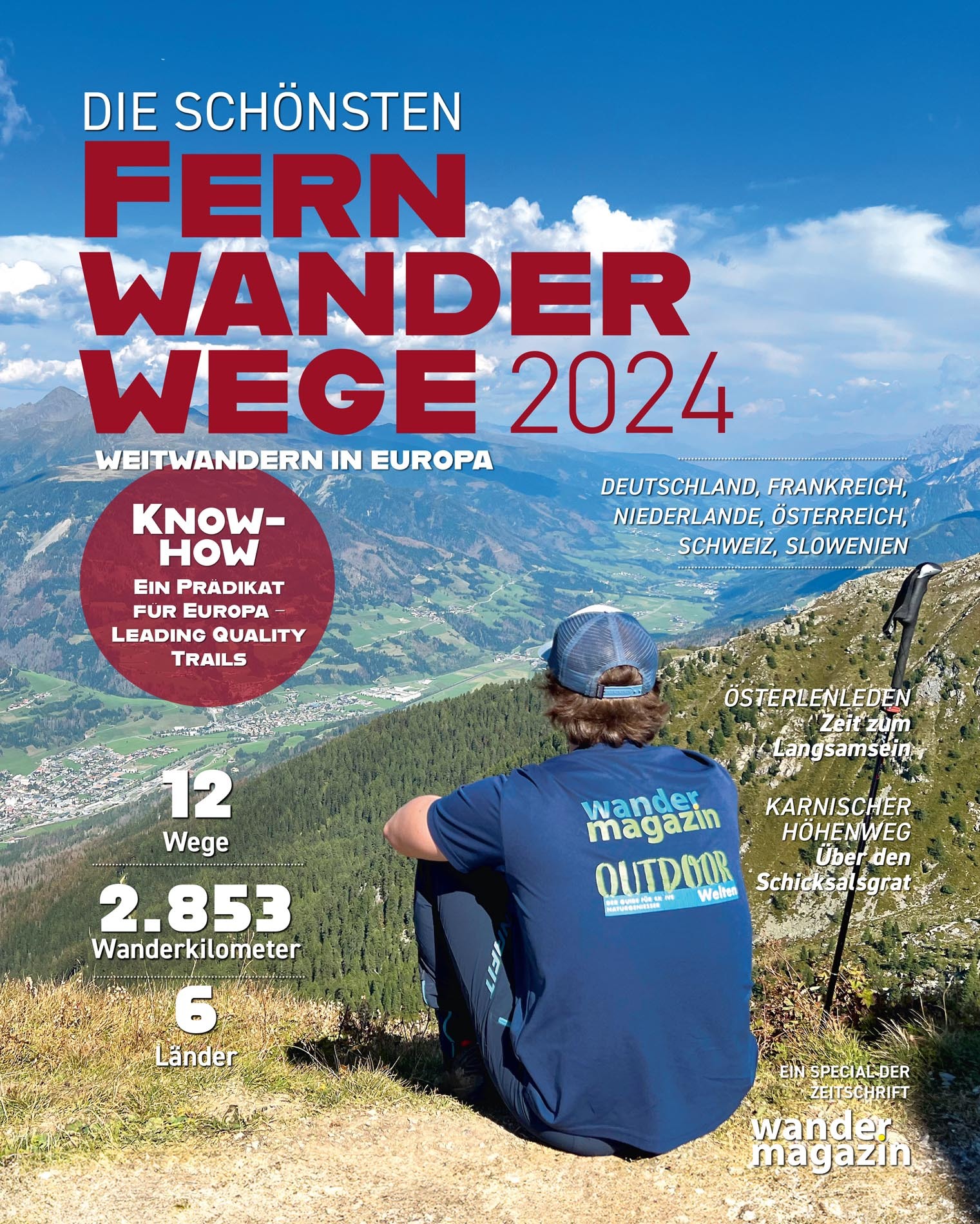 Cover des Magazins „Fernwanderwege 2024“. Zu sehen ist ein Wanderer auf einem Hügel mit Panoramablick auf ein Tal und Berge. Themen: 12 Routen, 2.853 km in 6 Ländern Europas.