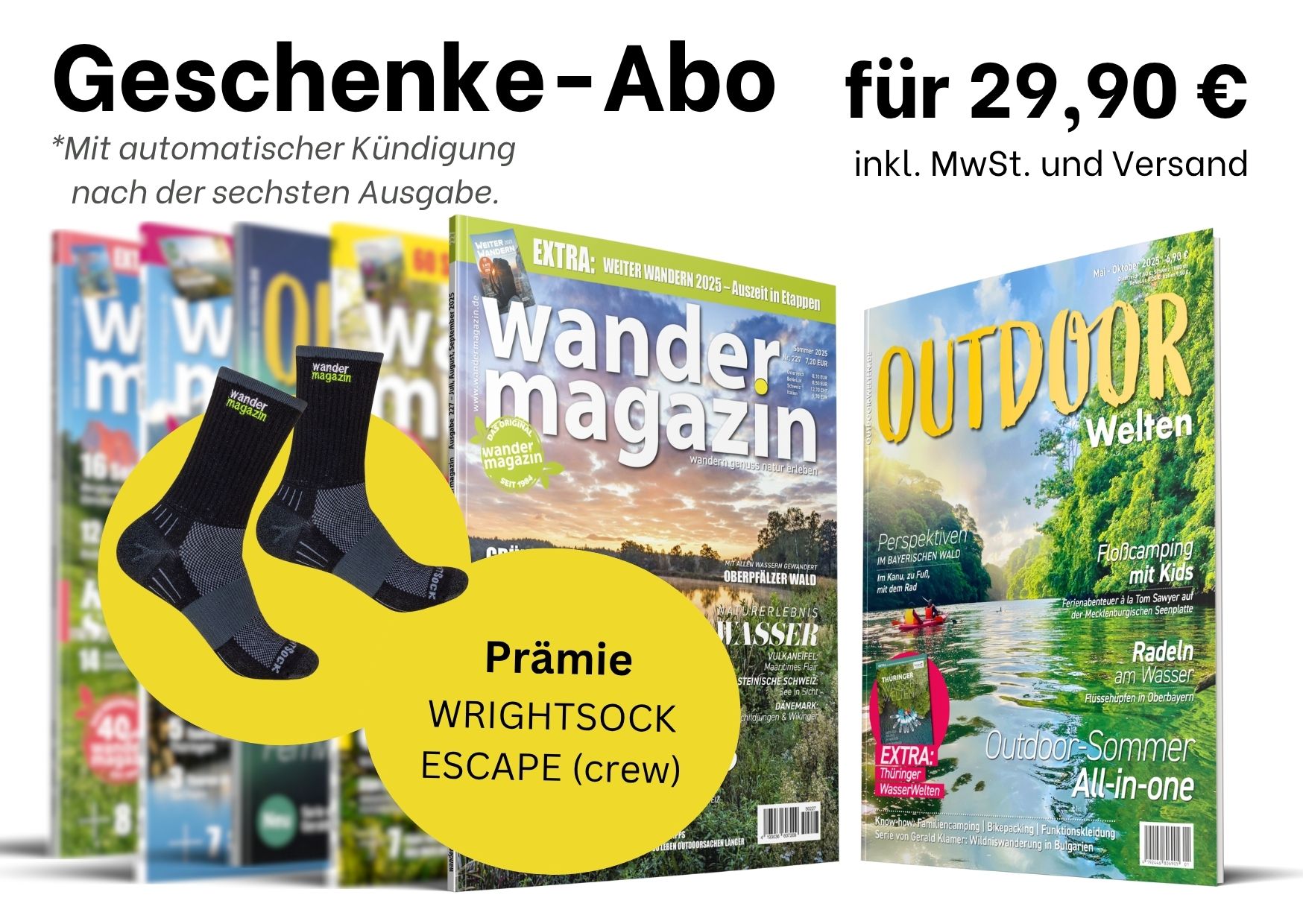 Symbolische Ansicht der Cover von Wandermagazin und OutdoorWelten für das Geschenke-Abo